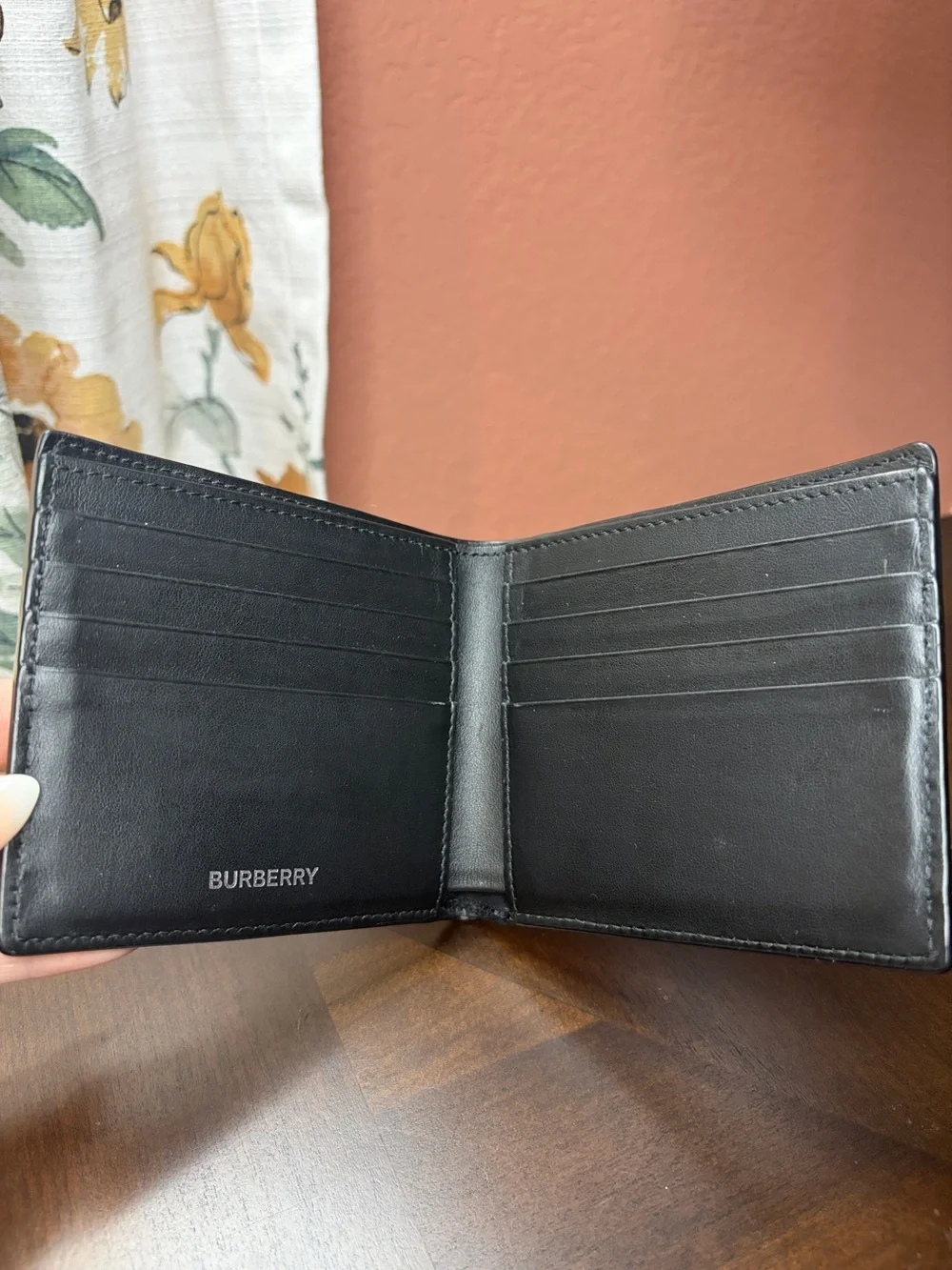 Burberry Beige Plaid Bifold Wallet with Black and Red Accents